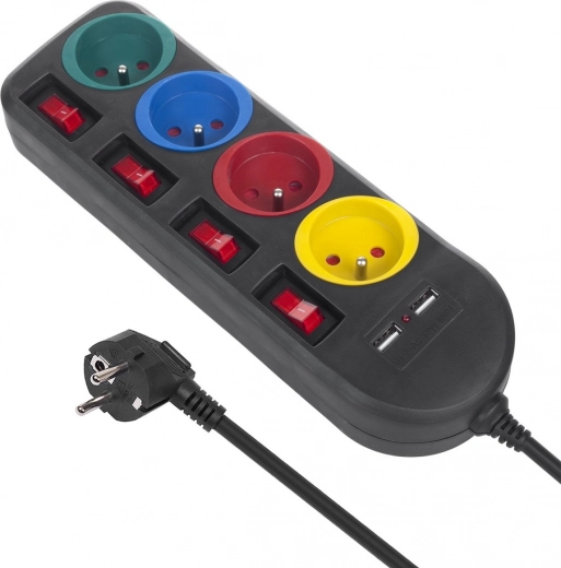 Stekkerdoos met schakelaars 4 stopcontacten + 2xUSB zwart