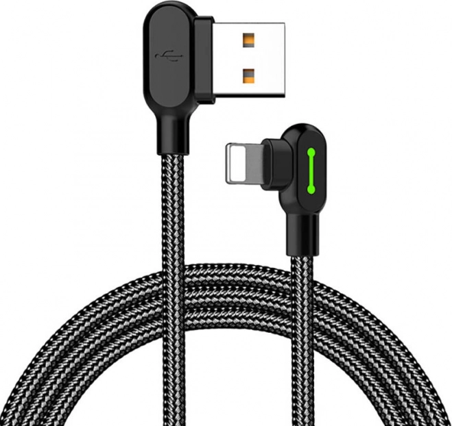 Hoekige zwarte USB-Lightning kabel met LED, 1,8 m