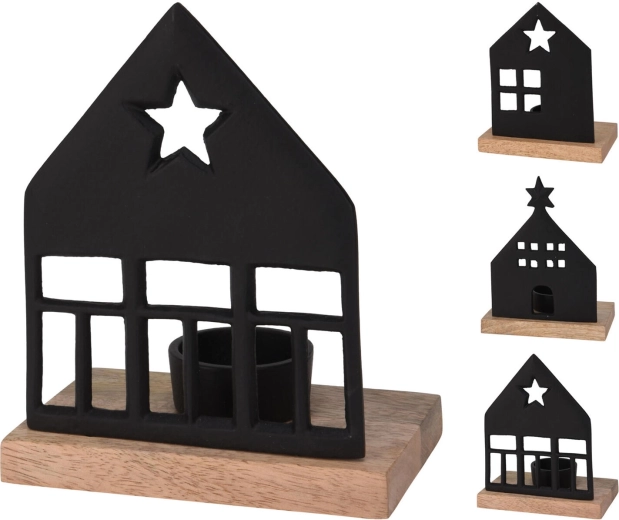 Decoratieve kandelaar Huisje voor een theelichtje van aluminium en mangohout - 1 stuk