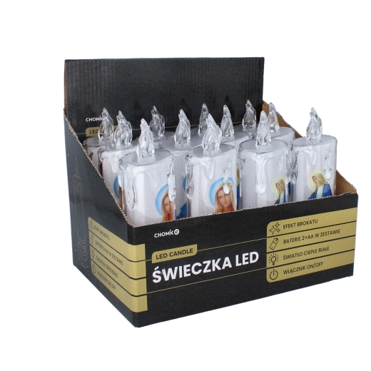 LED-kaars met afbeelding van de Maagd Maria 18 cm – mix van designs (12 stuks)