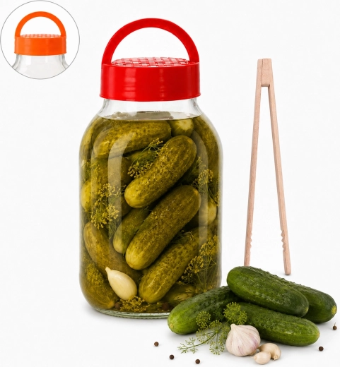 Glazen pot van 4 l met kunststof deksel, recept en tang