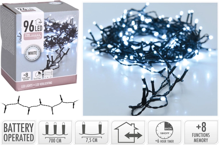Kerst LED-verlichting 7 m, 96 LED, koud wit, 8 functies, met timer