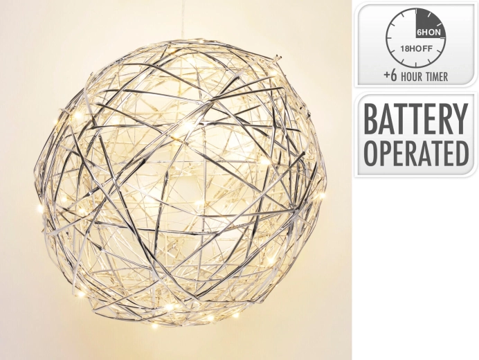 Zilveren decoratieve LED-bal met timer, 25 cm