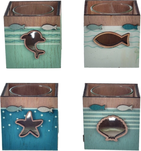 Sea kaarsenhouder van hout en glas, 4 varianten