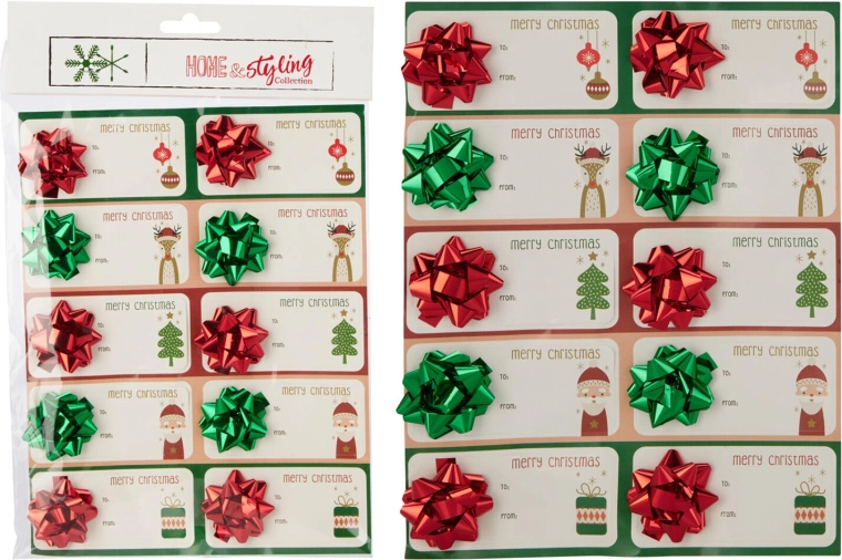 Kerstzelfklevende naamlabels met strik – mix van kleuren, 10 stuks