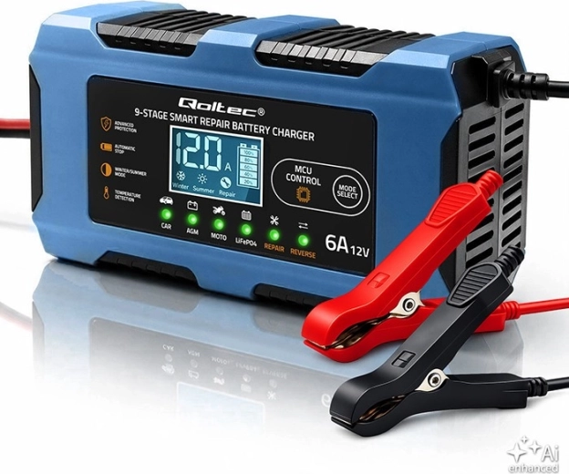 Intelligente acculader/omvormer voor autobatterijen Qoltec 12 V 6 A met reparatiefunctie voor AGM, GEL en LiFePO4 - 1 stuk