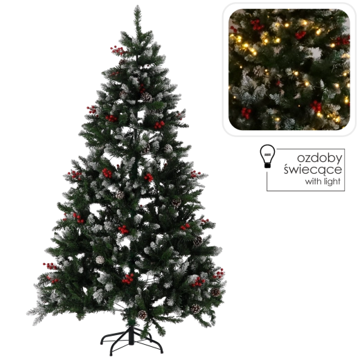 Verlichte kunstkerstboom 180 cm besneeuwd met lijsterbessen en dennenappels