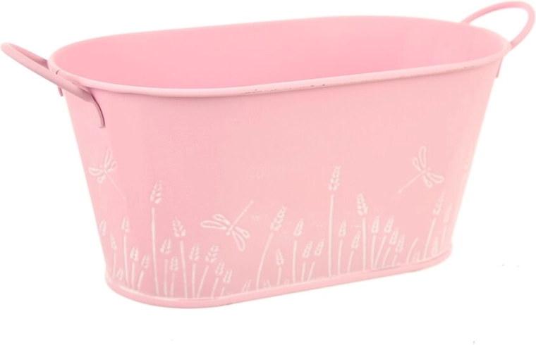 Roze metalen bloempot met libellenmotief 22 × 13 × 11 cm