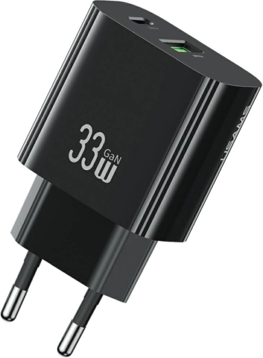 USAMS T65 33W GaN snellader voor het stopcontact met USB-C en USB-A (zwart)