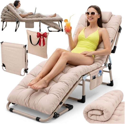 Sofotel ChillWell Dream opvouwbaar veldbed en tuinzonneligstoel met matras, kussen en draaghoes, beige