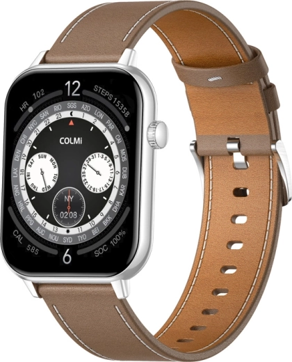 Slimme smartwatch COLMI C28 zilver met bruine leren band