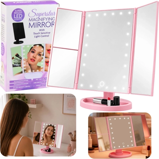 Roze opvouwbare cosmetische spiegel met LED-verlichting, touchbediening en vergroting