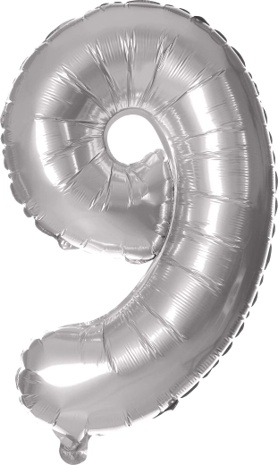 Folieballon cijfer 9, 30 cm, zilver