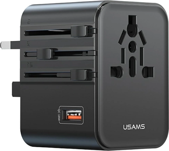 USAMS reisadapter en oplader 25 W 4-in-1 (US/AU/EU/UK) zwart