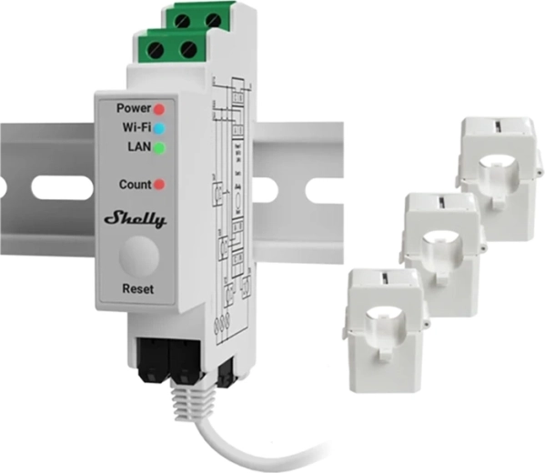 Shelly Pro 3EM Matter driefasige energiemeter 120 A voor DIN-rail