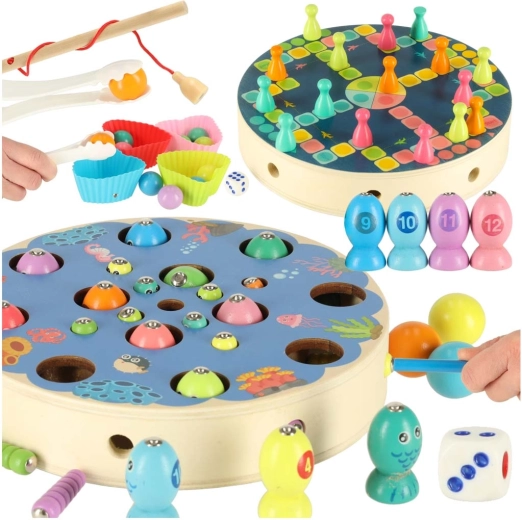 Houten Montessori-spel vissen en rupsjes – magnetisch vissen en kleuren sorteren