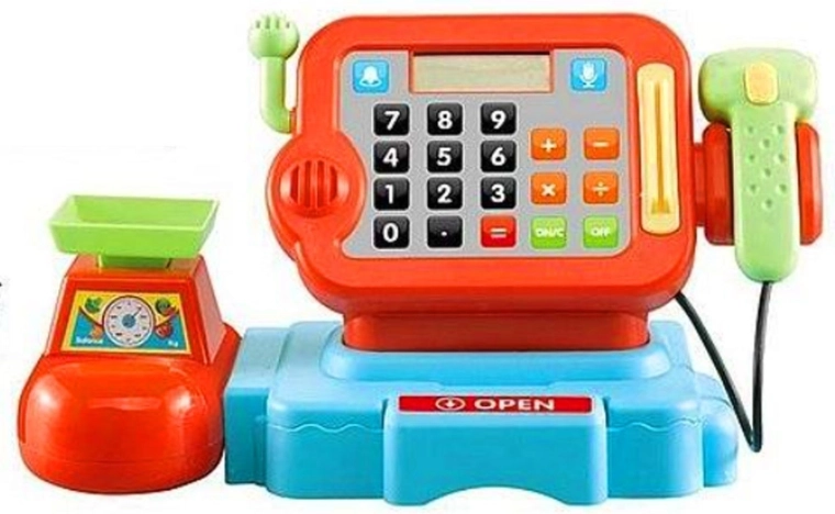 Kinderkassa met scanner, microfoon, rekenmachine en weegschaal - 1 stuk