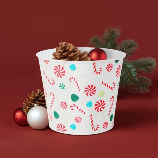 Kerstmetalen bloempot in emmer-vorm met zuurstokmotief