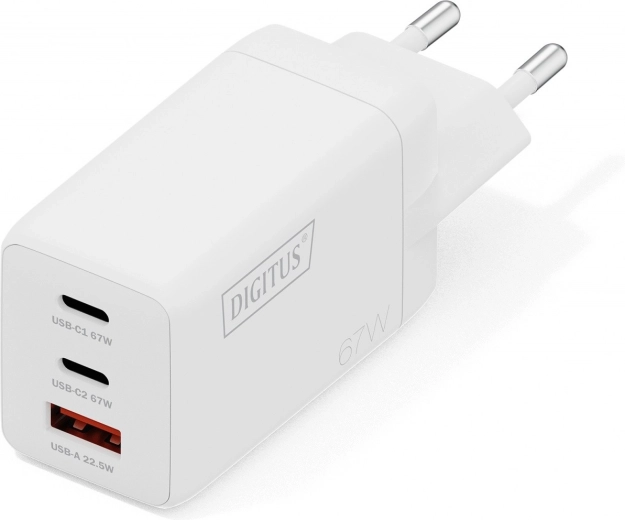 Netlader USB GaN 67 W, 2× USB‑C en 1× USB‑A, wit