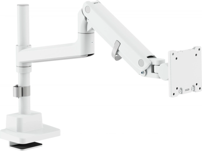 Witte gasveer-monitorarm met bureauklem, 57" / 27 kg, VESA 75x75 en 100x100