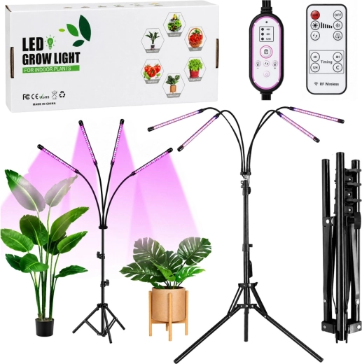 LED-groeilamp voor het kweken van planten met statief, 4 panelen en afstandsbediening