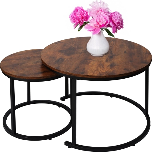 Set ronde salontafels 2-in-1 in loft/industriële stijl, antiek eiken