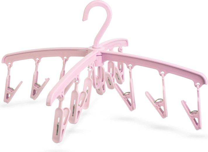 Roze hangende wasdroger met 12 wasknijpers