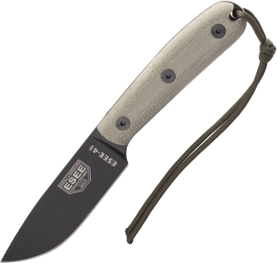 ESEE 4HM survivalmes met lemmet van 11 cm, zwarte coating, olijfgroene Micarta, leren schede
