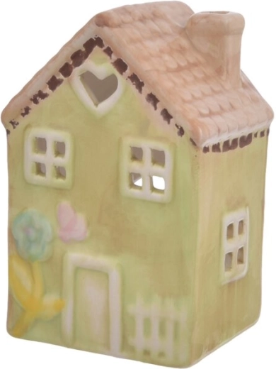 Kandelaar van keramiek in de vorm van een huisje, geel