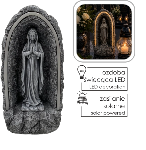 Zonnefiguur van de Maagd Maria in een kapelletje met LED