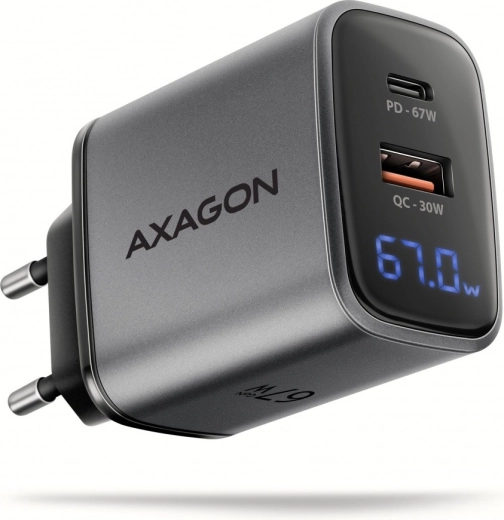 Netlader AXAGON GaN 67 W met USB‑C PD en USB‑A QC, LED‑display