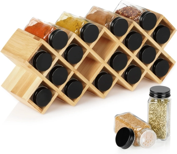Bamboe kruidenrek Vilde met 18 glazen potjes, 42 × 10 × 17 cm