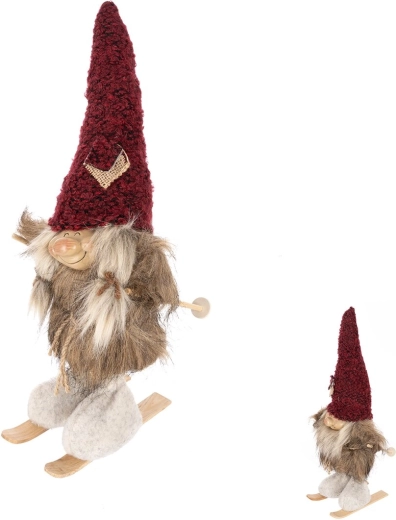 Decoratie kabouter op ski’s van polyester en hout 37 cm (2 varianten)