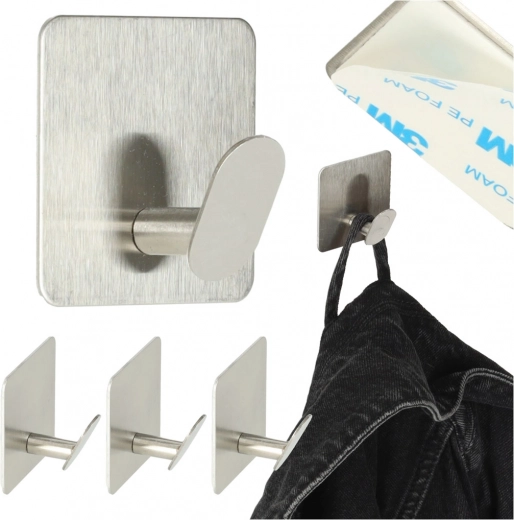 Zelfklevende metalen wandhaken, zilver, set van 4 stuks