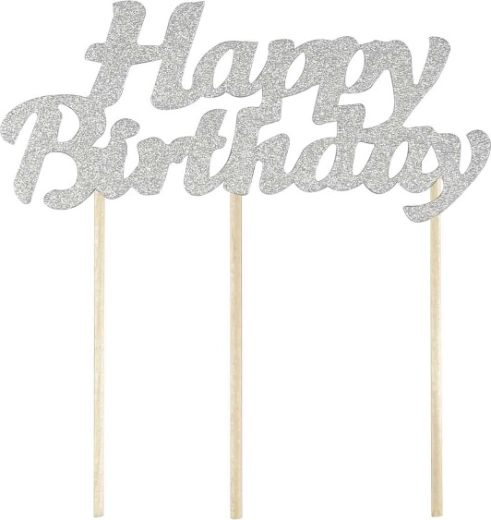 Taartdecoratie Happy Birthday zilver