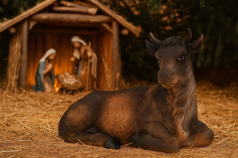 Kerststal-figuur: koe van polyresin 30 cm