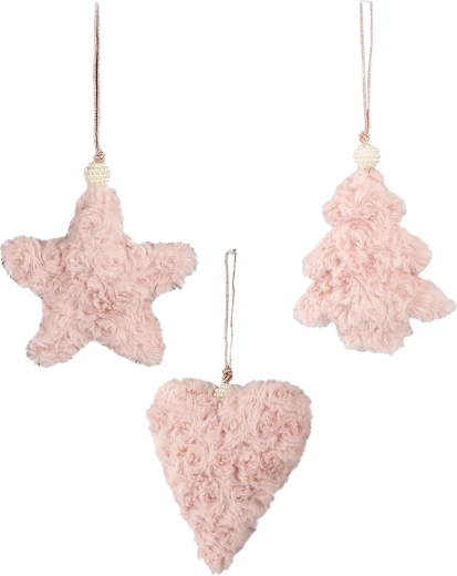 Decoratieve hangers – pluchen roze ornamenten mix van 3 vormen