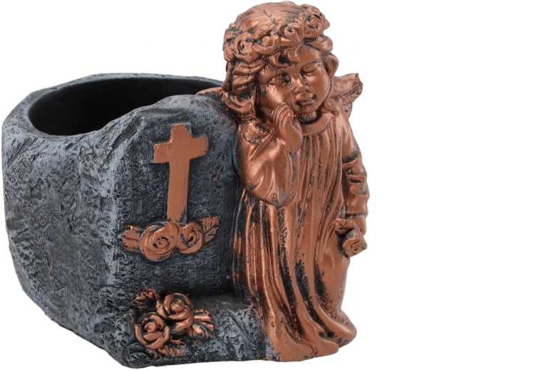 Cementen grafvaas met engeltje in koperkleur 16 × 14 × 15,5 cm