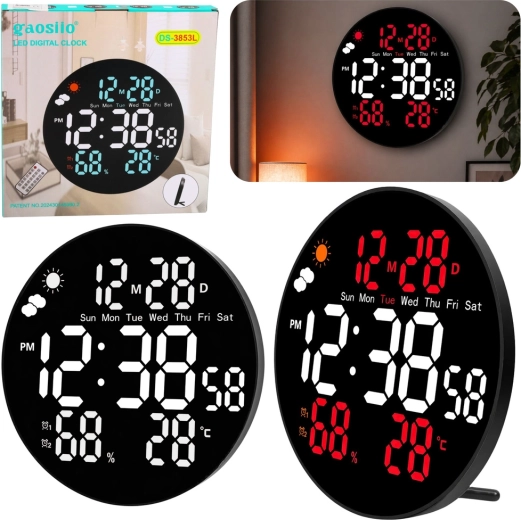 Gaosio digitale LED-wandklok 25 cm met temperatuur, luchtvochtigheid en afstandsbediening