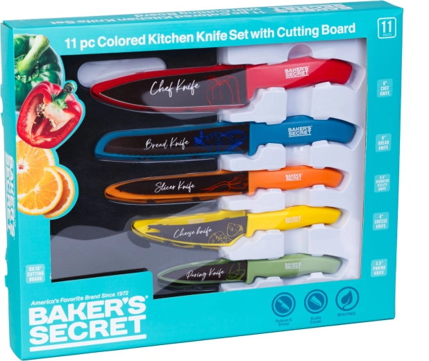 Baker's Secret 11-delige set kleurrijke keukenmessen met snijplank