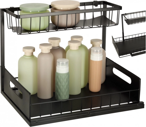 Twee-laags metalen organizer voor onder de gootsteen, zwart, uittrekbare mand