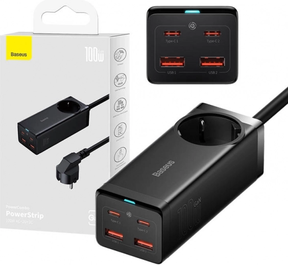 Baseus GaN3 Pro stekkerdoos en oplader 100 W, 2× USB‑C + 2× USB + AC (zwart)