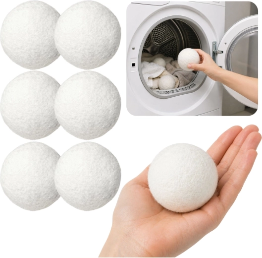 Natuurlijke wollen droogballen, wit 7 cm, 6 stuks