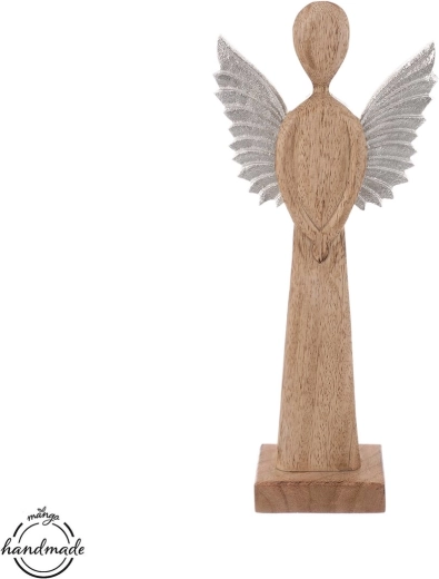 Houten decoratieve engel van mangohout met metalen vleugels 32 cm