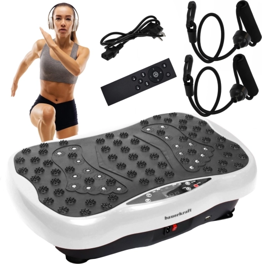 Vibrerend trainingsplatform Bauerkraft met afstandsbediening, bluetooth en speakers wit