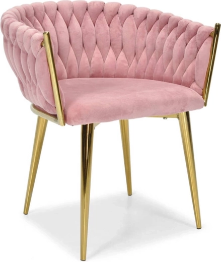 Fluwelen roze glamourstoel met gouden poten en gevlochten bekleding