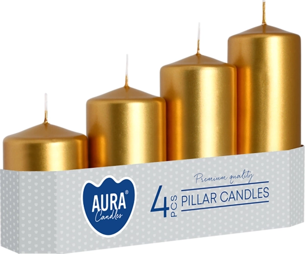 Metallic goudkleurige glanzende adventskaarsen in verschillende hoogtes - 4 stuks