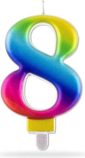 Kaars cijfer 8 prikkaars regenboog 7,5 cm