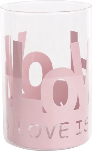 Glazen kaarsenhouder Love met roze metalen omhulsel