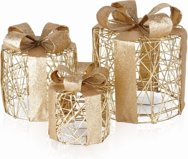 Set van 3 lichtgevende cadeau­dozen van verguld draad